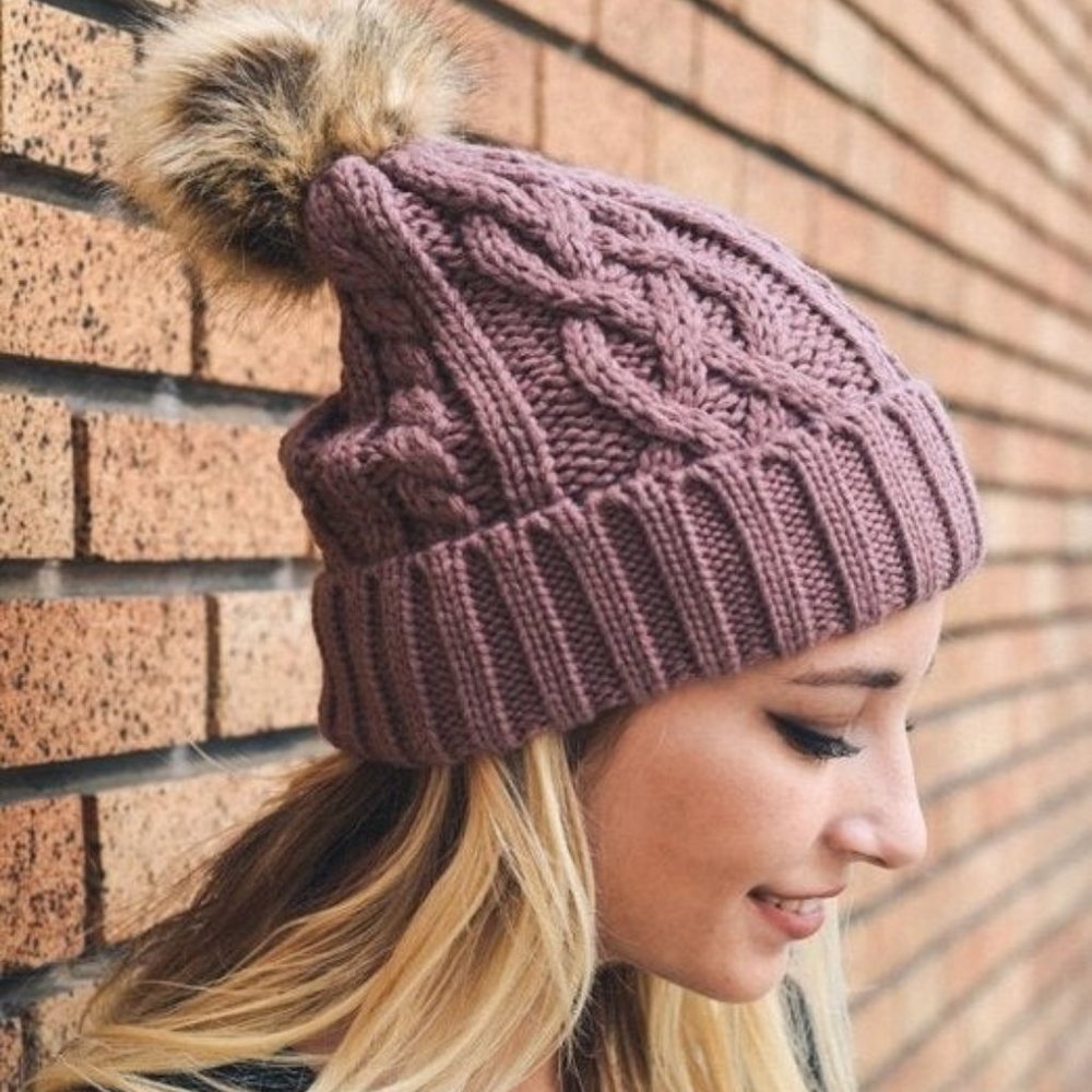 Pink Cable Knit Fur Pom Beanie